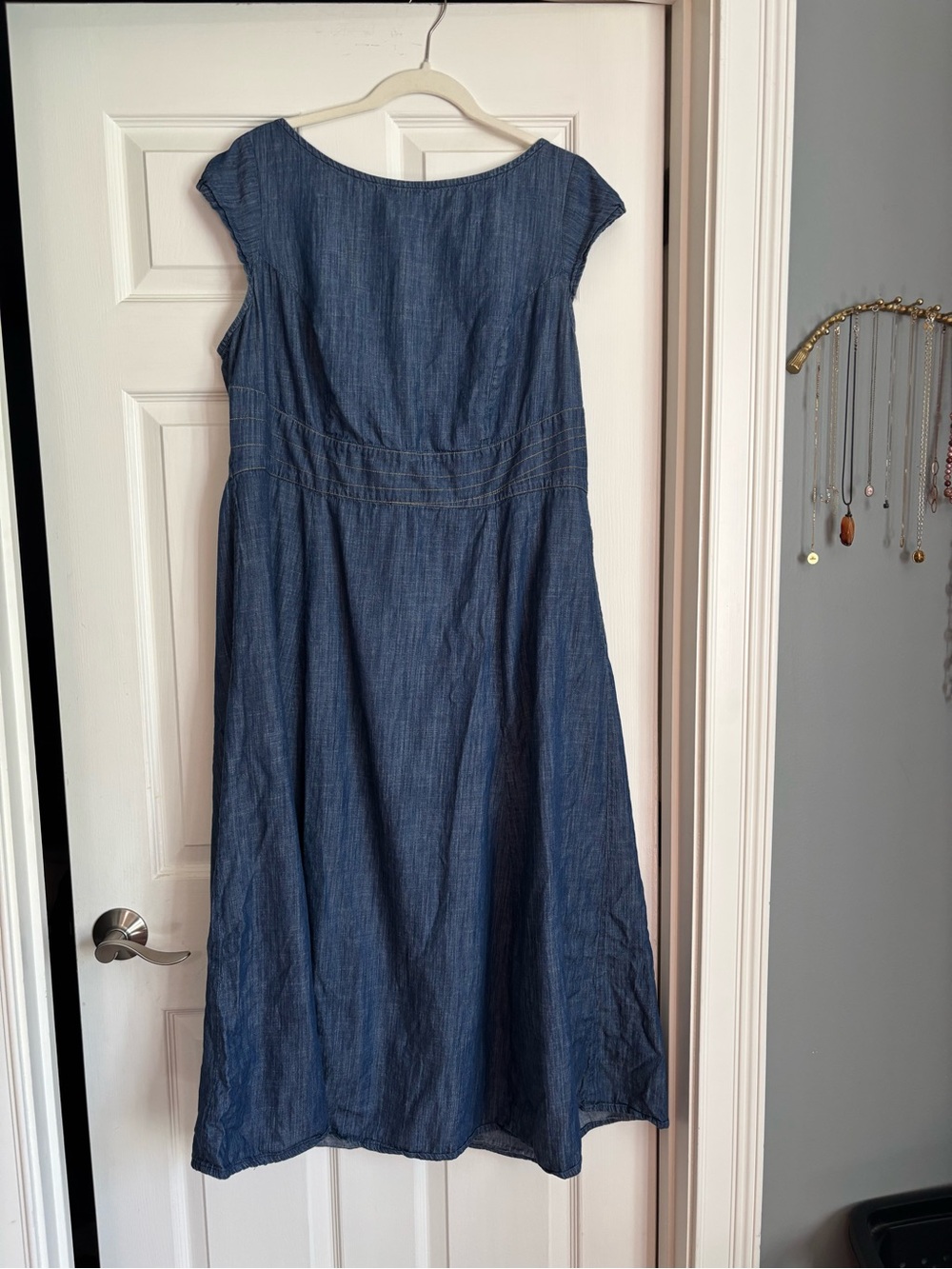 eshakti Blue Denim Midi Dress with Cap Sleeves